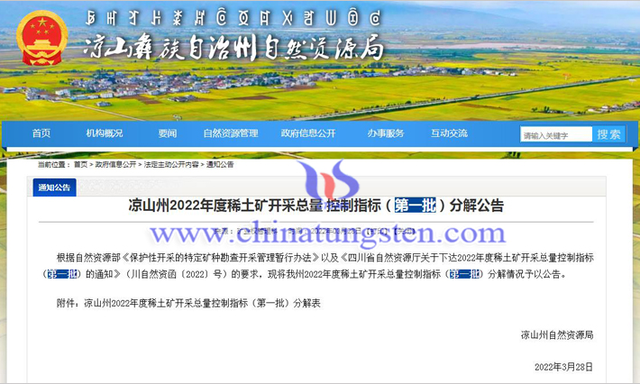 涼山州2022年第一批稀土礦開采總量控制指標(biāo)分解圖片