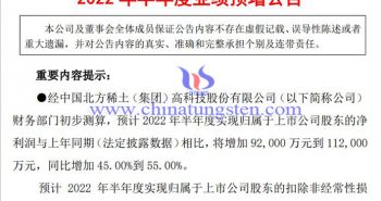 北方稀土2022年上半年業(yè)績預(yù)增公告圖片