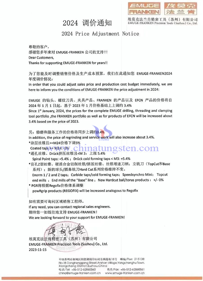 埃莫克法蘭肯精密工具（蘇州）有限公司調(diào)價通知