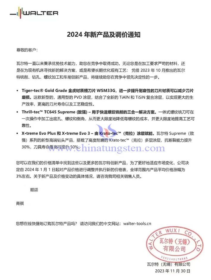 瓦爾特（無錫）有限公司2024年新產(chǎn)品及調(diào)價通知