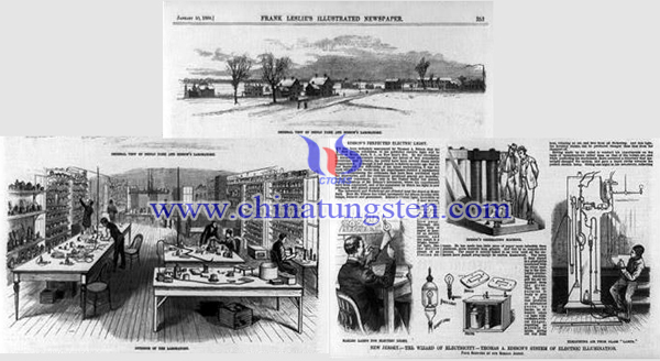 愛(ài)迪生在門(mén)羅公園的實(shí)驗(yàn)室，1880年1月10日。（Frank Leslie's Illustrated Newspaper）
