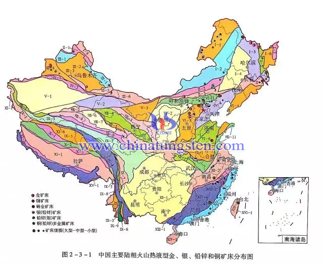 中國主要陸相火山熱液型金、銀、鉛鋅和銅礦床分布圖