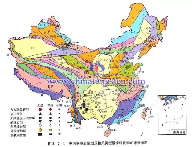 中國主要巖漿型及相關(guān)類型銅鎳硫化物礦床分布圖