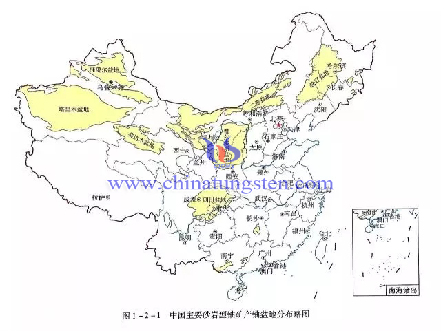 中國主要砂巖型鈾礦產(chǎn)鈾盆地分布略圖