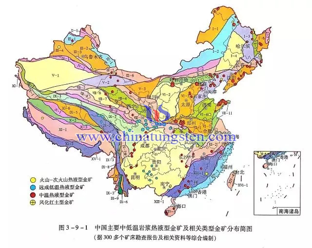 中國主要中低溫巖漿熱液型金礦及相關(guān)類型金礦分布簡圖