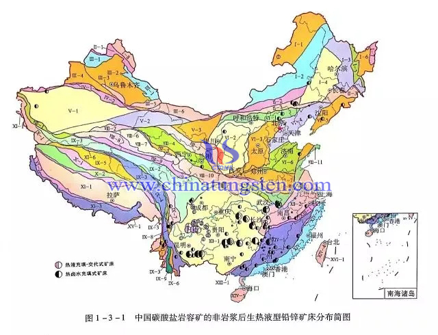 中國碳酸鹽巖容礦的非巖漿后生熱液型鉛鋅礦床分布簡圖