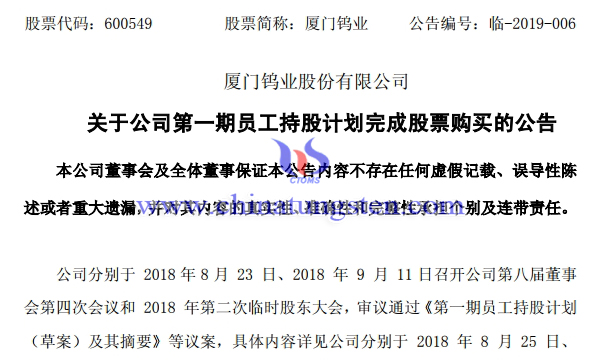 廈鎢第一期員工持股計劃完成股票購買