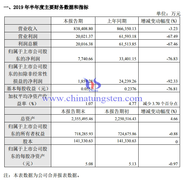 2019年上半年廈門(mén)鎢業(yè)主要財(cái)務(wù)數(shù)據(jù)和指標(biāo)