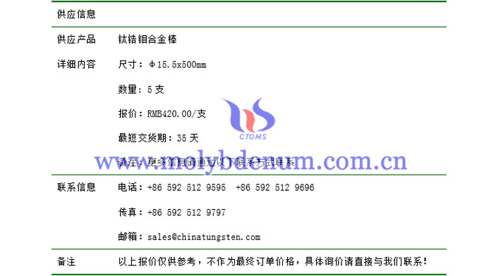 鈦鋯鉬合金棒價(jià)格表圖片