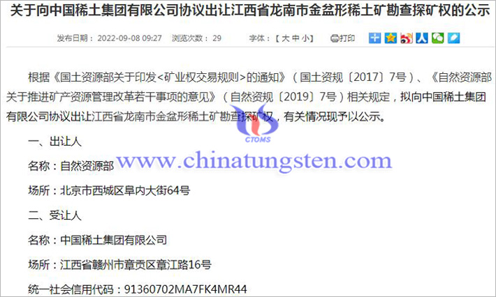 關(guān)于向中國稀土協(xié)議出讓金盆形稀土礦勘查探礦權(quán)的公示圖片