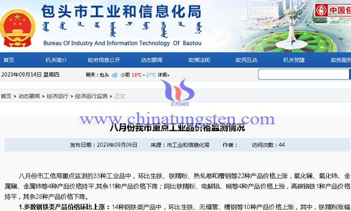 2023年8月包頭重點(diǎn)工業(yè)品價(jià)格監(jiān)測情況圖