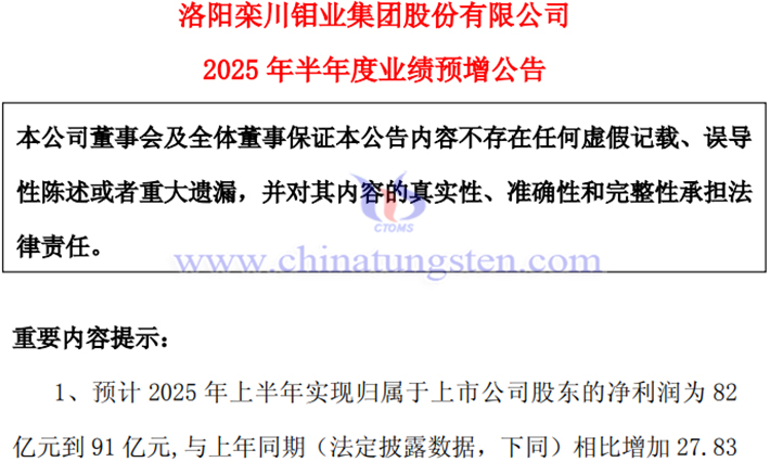 洛陽(yáng)鉬業(yè)2025年上半年凈利預(yù)增公告