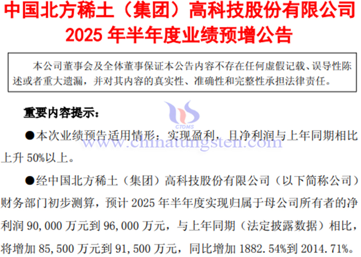 北方稀土2025年上半年凈利潤預(yù)增公告
